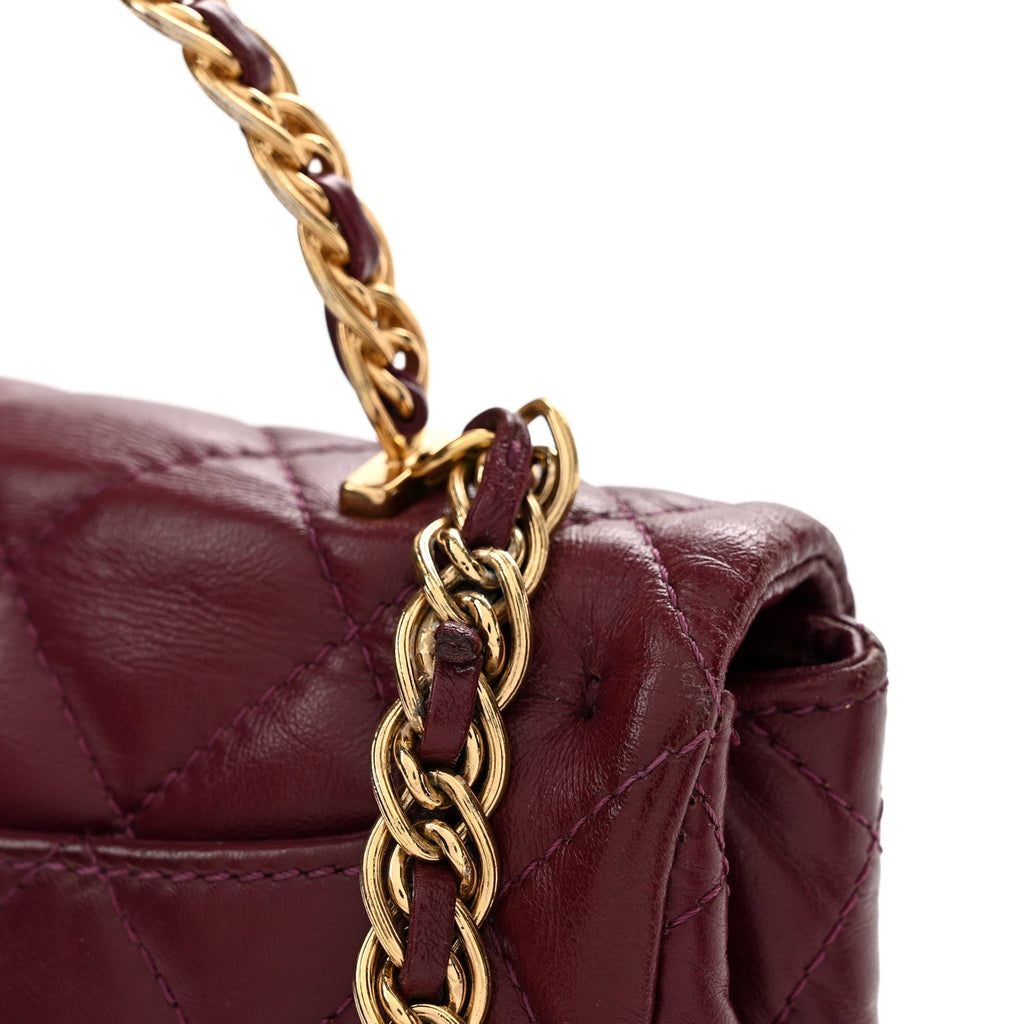 Shiny Lambskin Quilted Golden Links Top Handle Flap Dark Purple