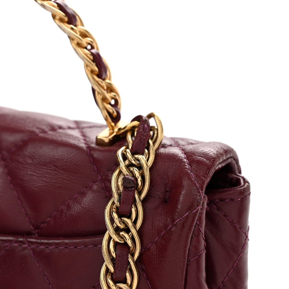 Shiny Lambskin Quilted Golden Links Top Handle Flap Dark Purple