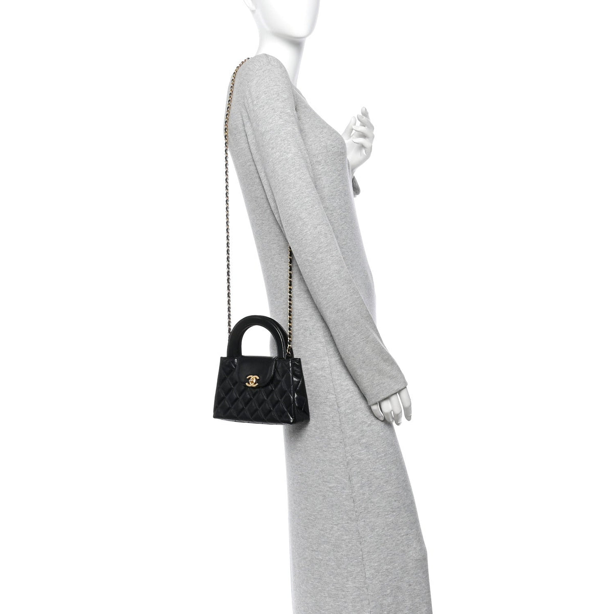 Shiny Aged Calfskin Quilted Nano Kelly Shopper Black
