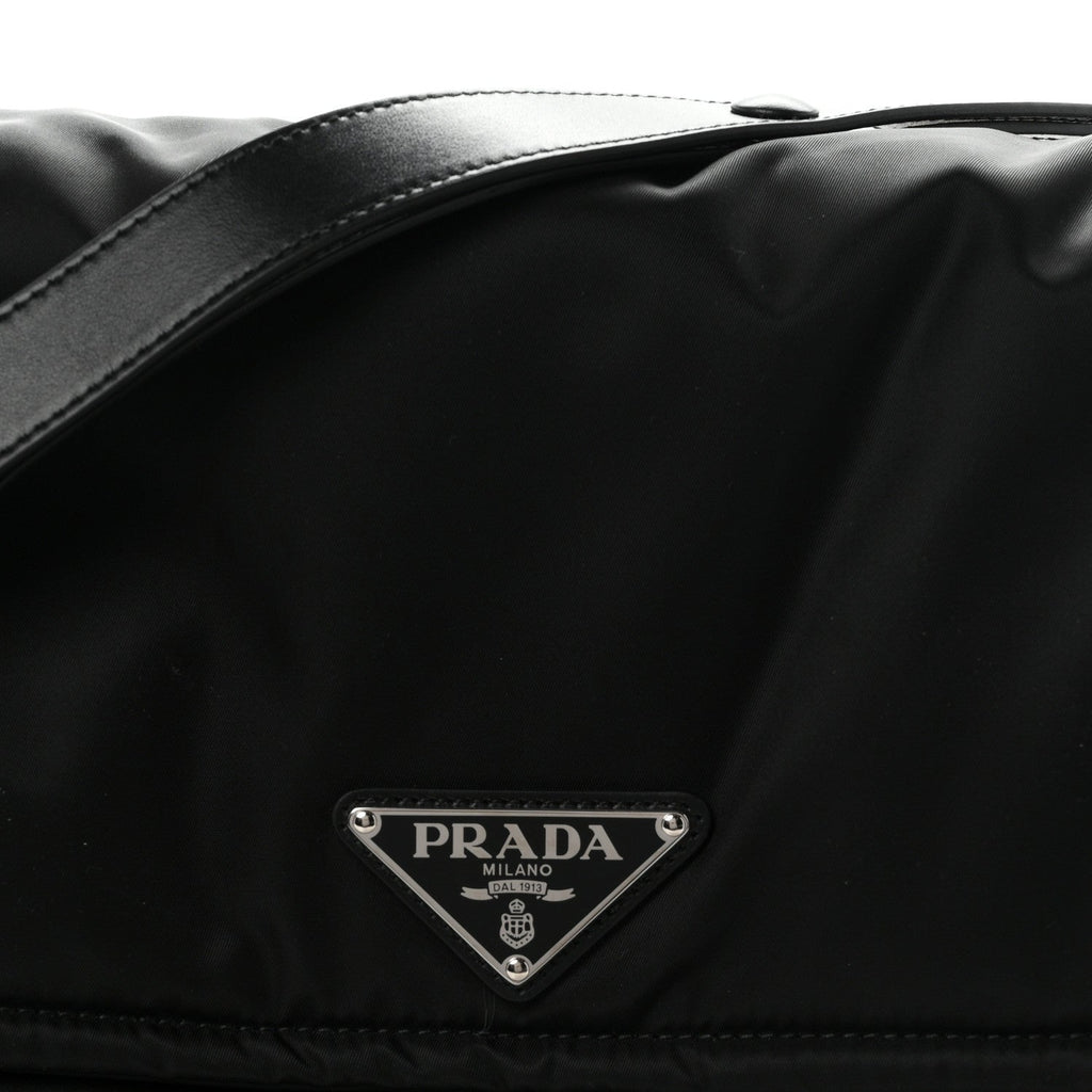 Re-Nylon Vitello Padded Large Traveler Flap Shoulder Bag Black