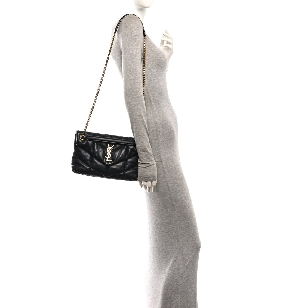Lambskin Quilted Small Loulou Puffer Monogram Chain Satchel Black