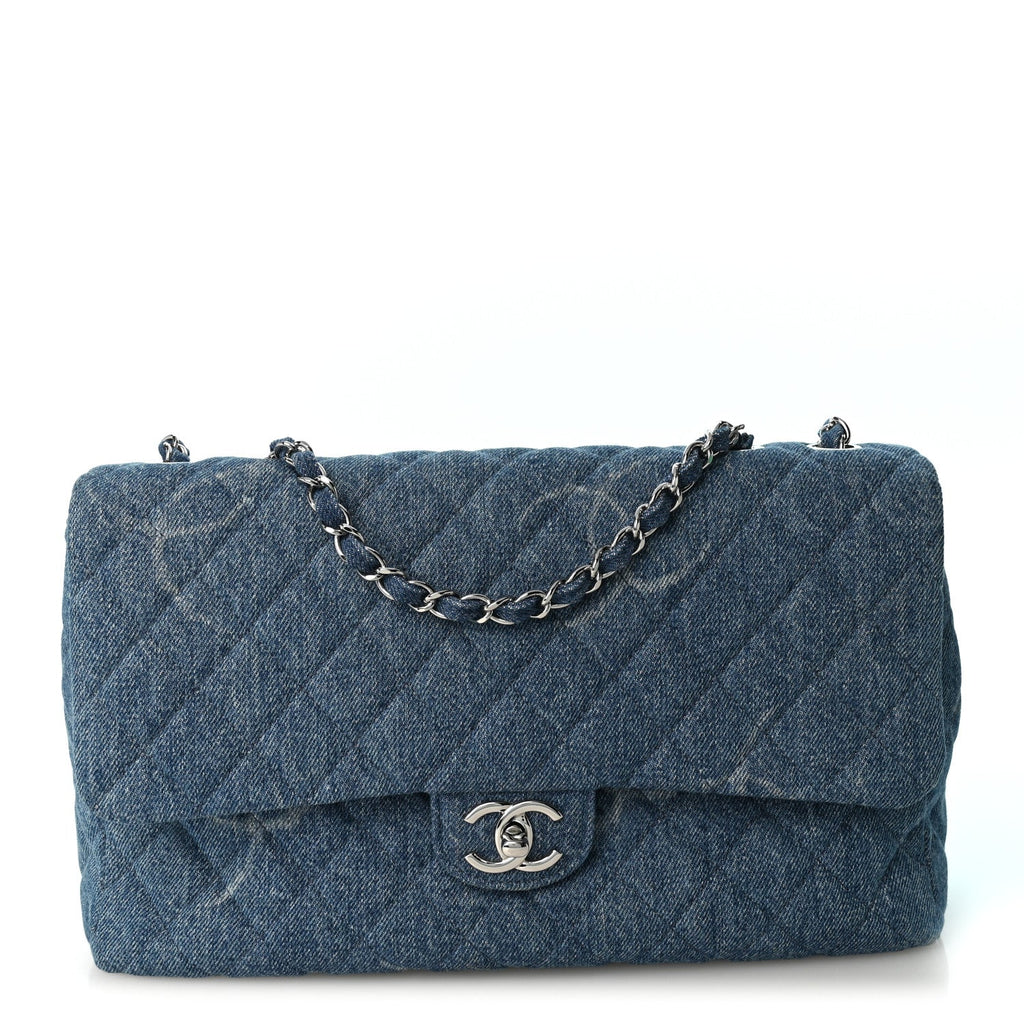 Denim Quilted CC Print Jumbo Single Flap Blue