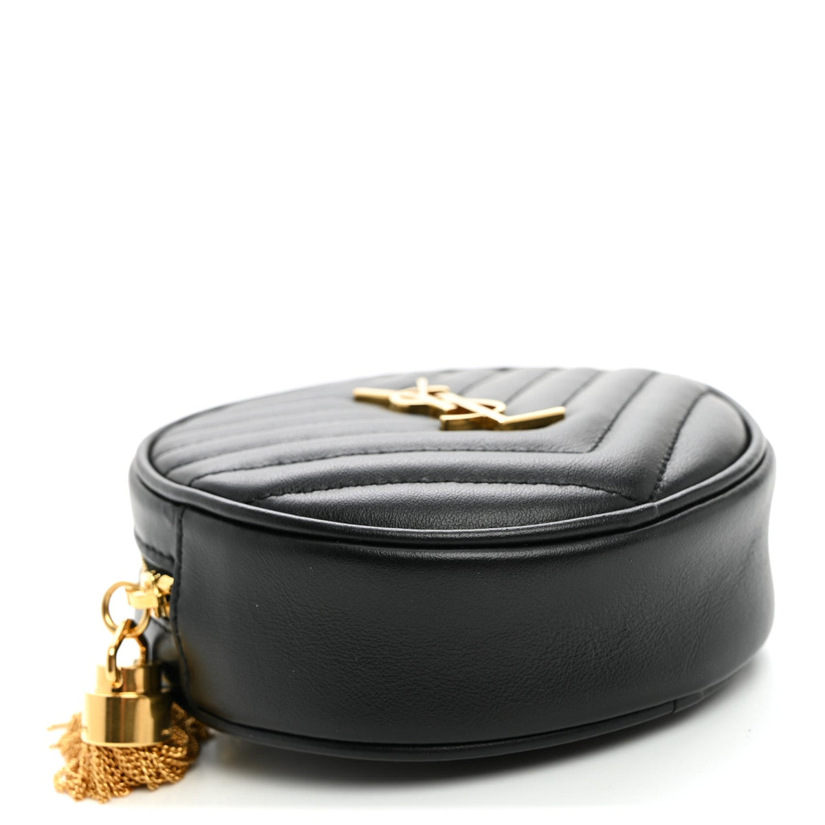Calfskin Matelasse Chevron Quilted Baby Round Vinyle Belt Bag Black