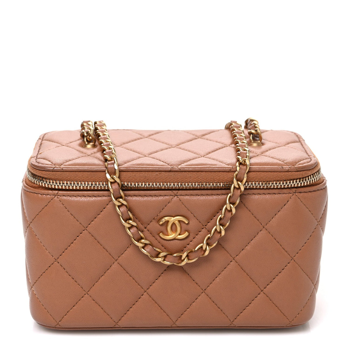 Lambskin Quilted Pearl Crush Small Vanity Case With Chain Brown