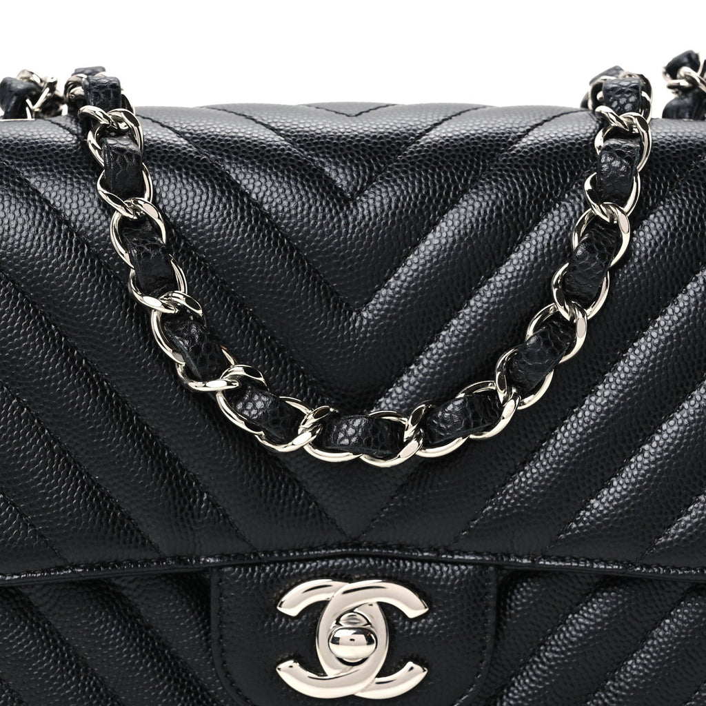 Caviar Chevron Quilted Mini Square Flap Black