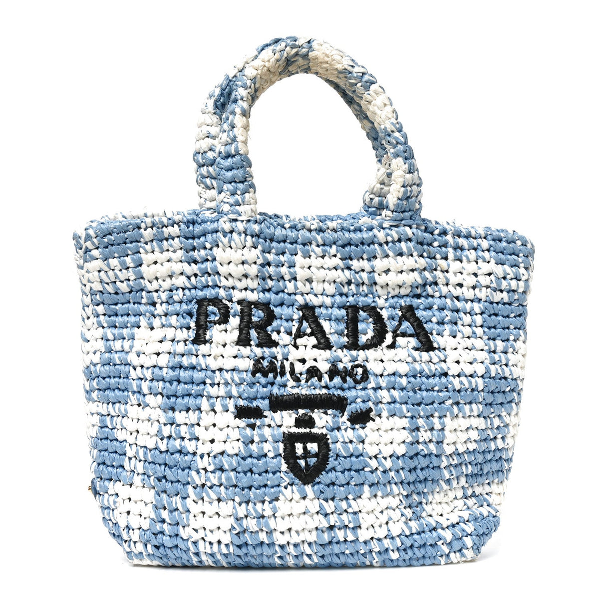 Yarn Raffia Effect Crochet Embroidered Small Logo Tote Celeste