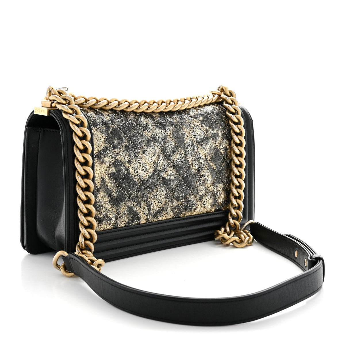 Metallic Crumpled Goatskin Medium Boy Flap Black Gold