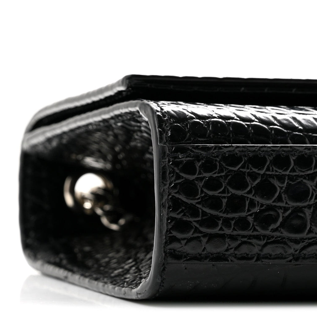 Calfskin Crocodile Embossed Small Classic Monogram Kate Tassel Satchel Black