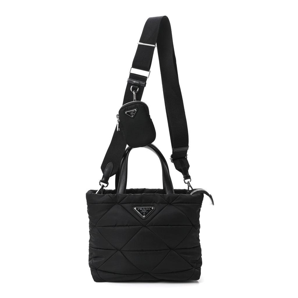 Re-Nylon Nappa Triangle Quilted Padded Double Handled Zip Pocket Tote Black