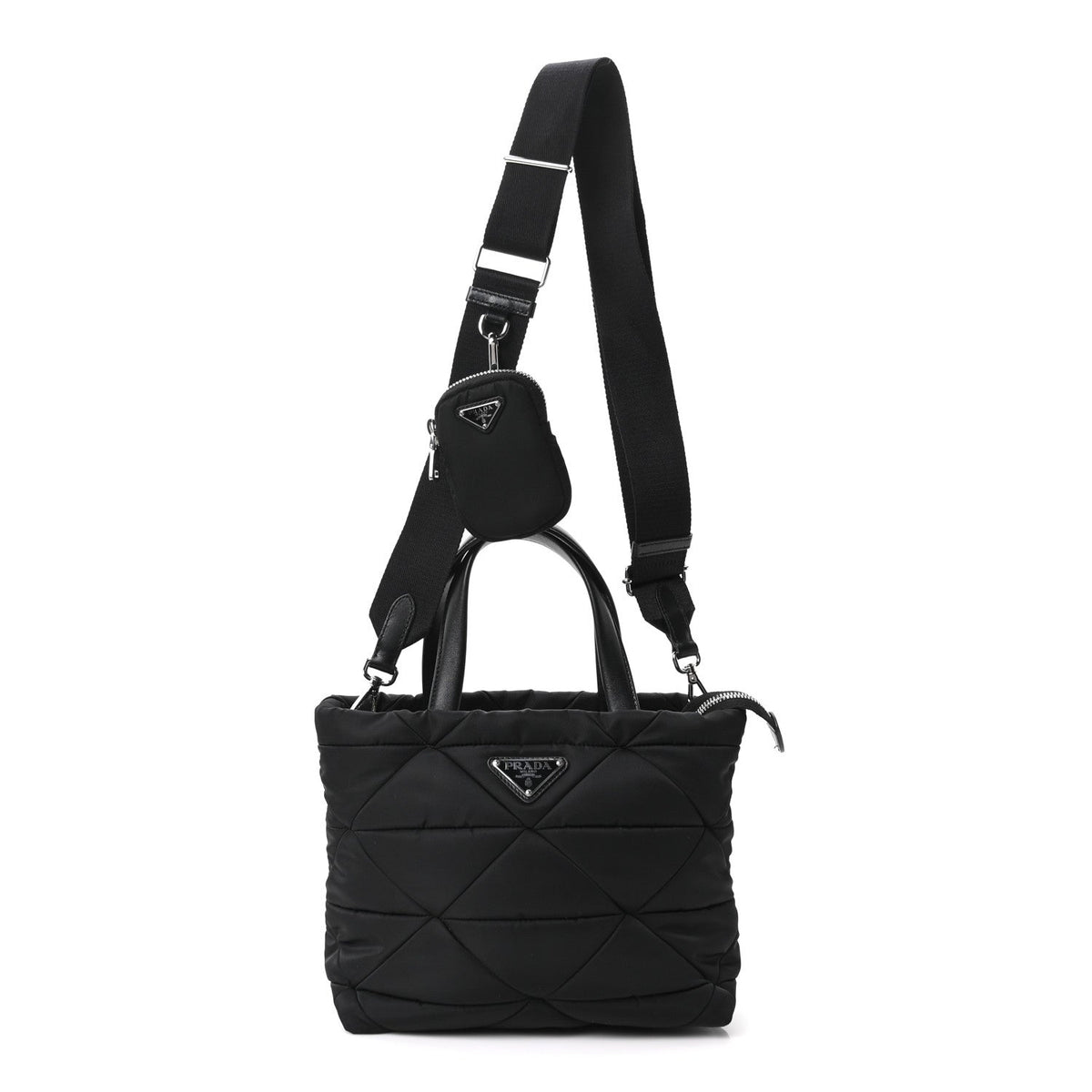 Re-Nylon Nappa Triangle Quilted Padded Double Handled Zip Pocket Tote Black