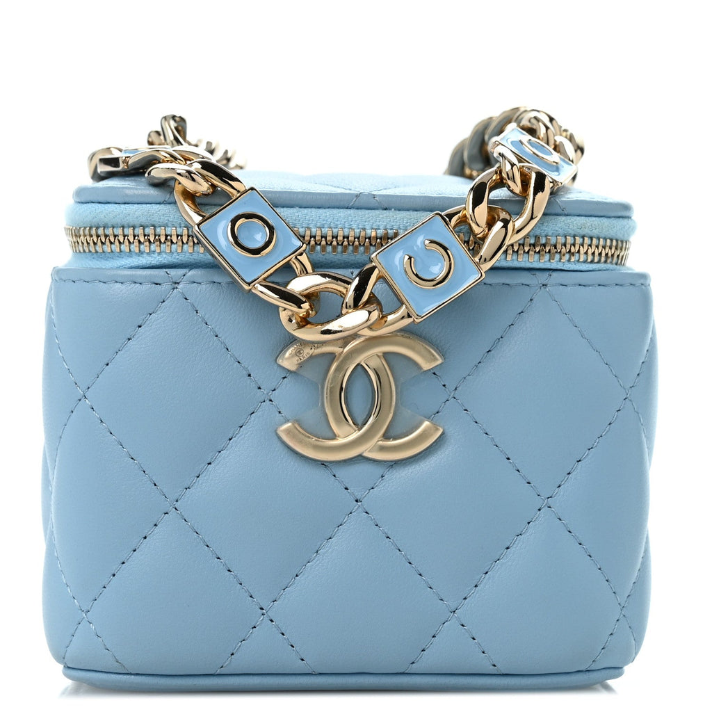 Lambskin Quilted Enamel Coco Mini Vanity Case With Chain Blue