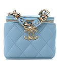 Lambskin Quilted Enamel Coco Mini Vanity Case With Chain Blue
