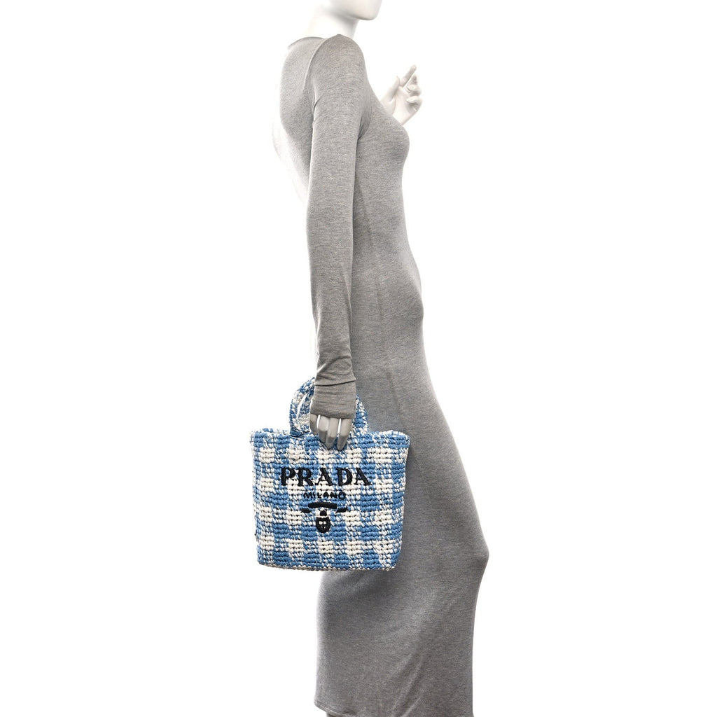 Yarn Raffia Effect Crochet Embroidered Small Logo Tote Celeste