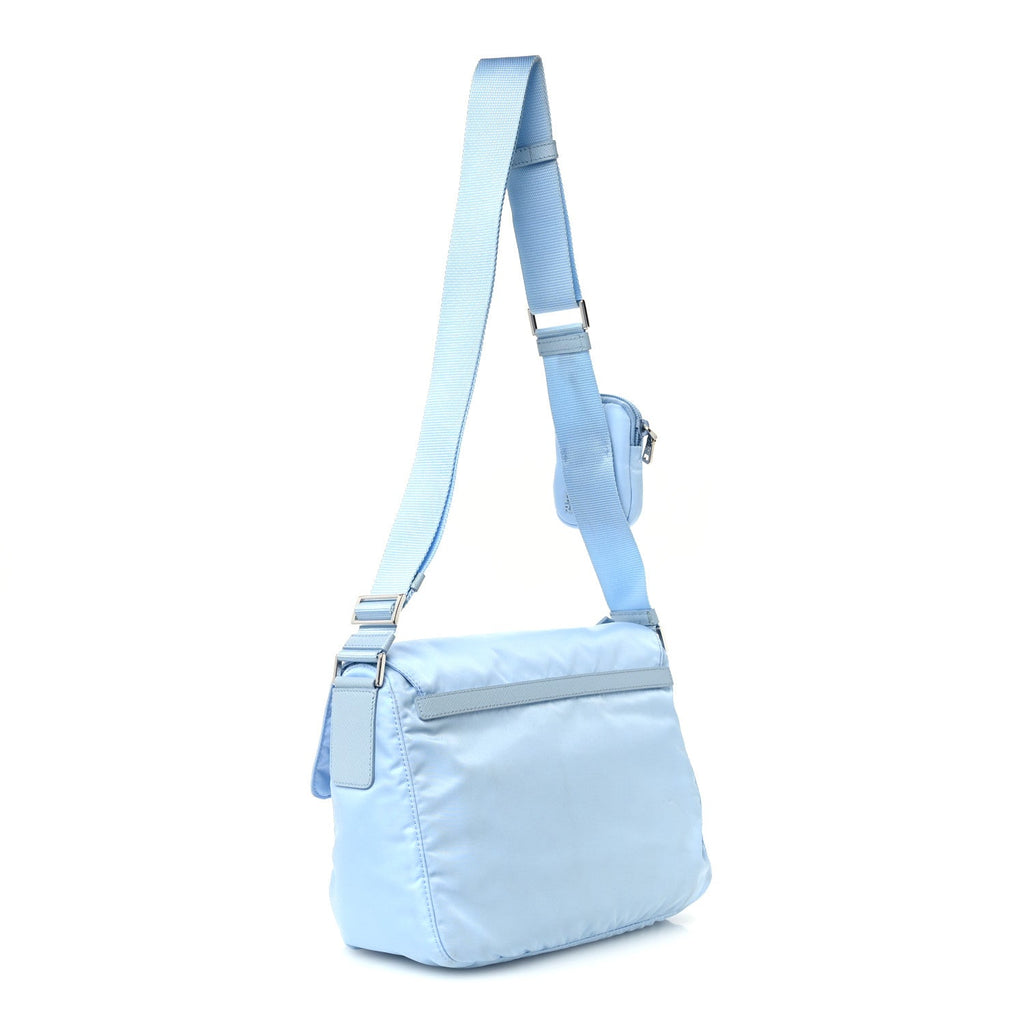 Re-Nylon Vela Saffiano Pocket Double Buckle Messenger Shoulder Bag Celeste