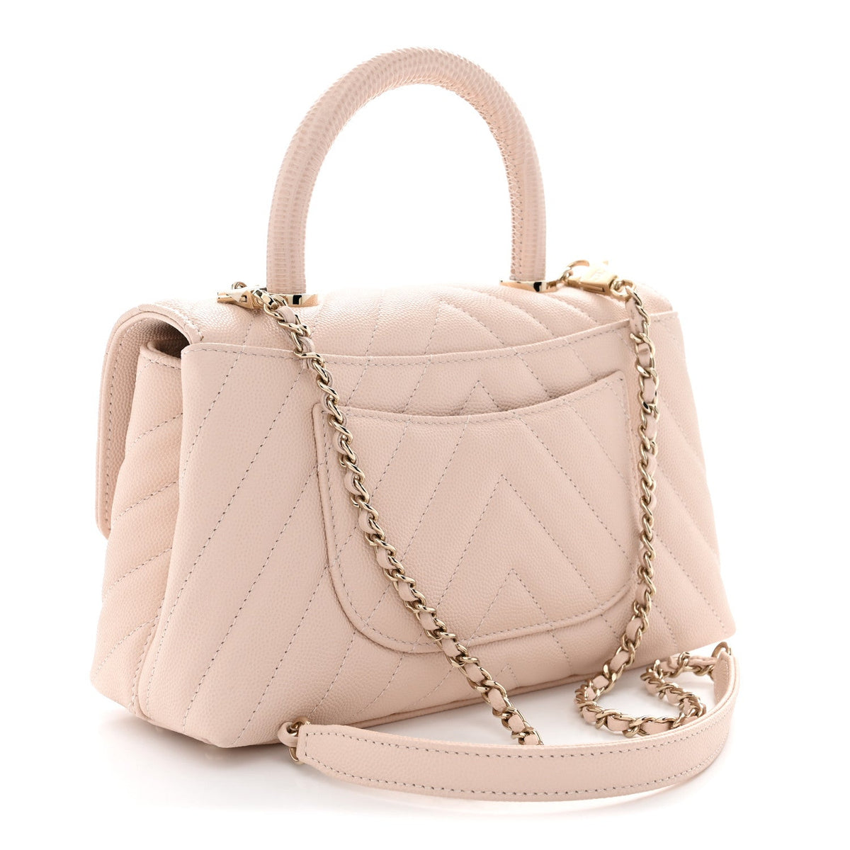 Caviar Lizard Embossed Chevron Quilted Mini Coco Handle Flap Beige