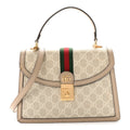 GG Supreme Monogram Textured Dollar Calfskin Web Small Ophidia Padlock Top Handle Bag Beige Mystic White Oatmeal