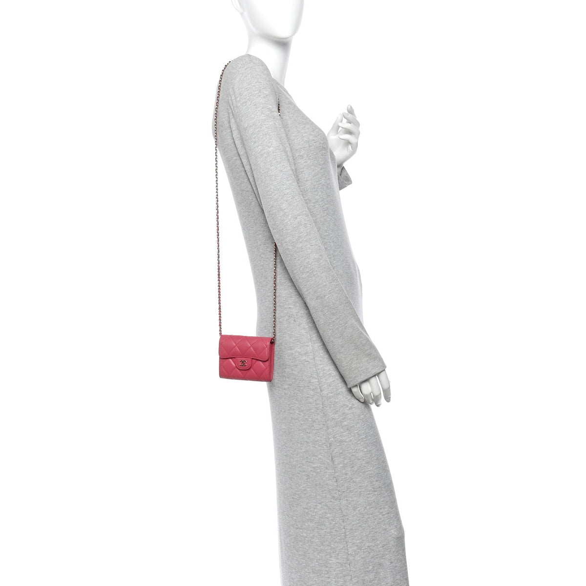 Lambskin Quilted Flap Card Holder On Chain Pink