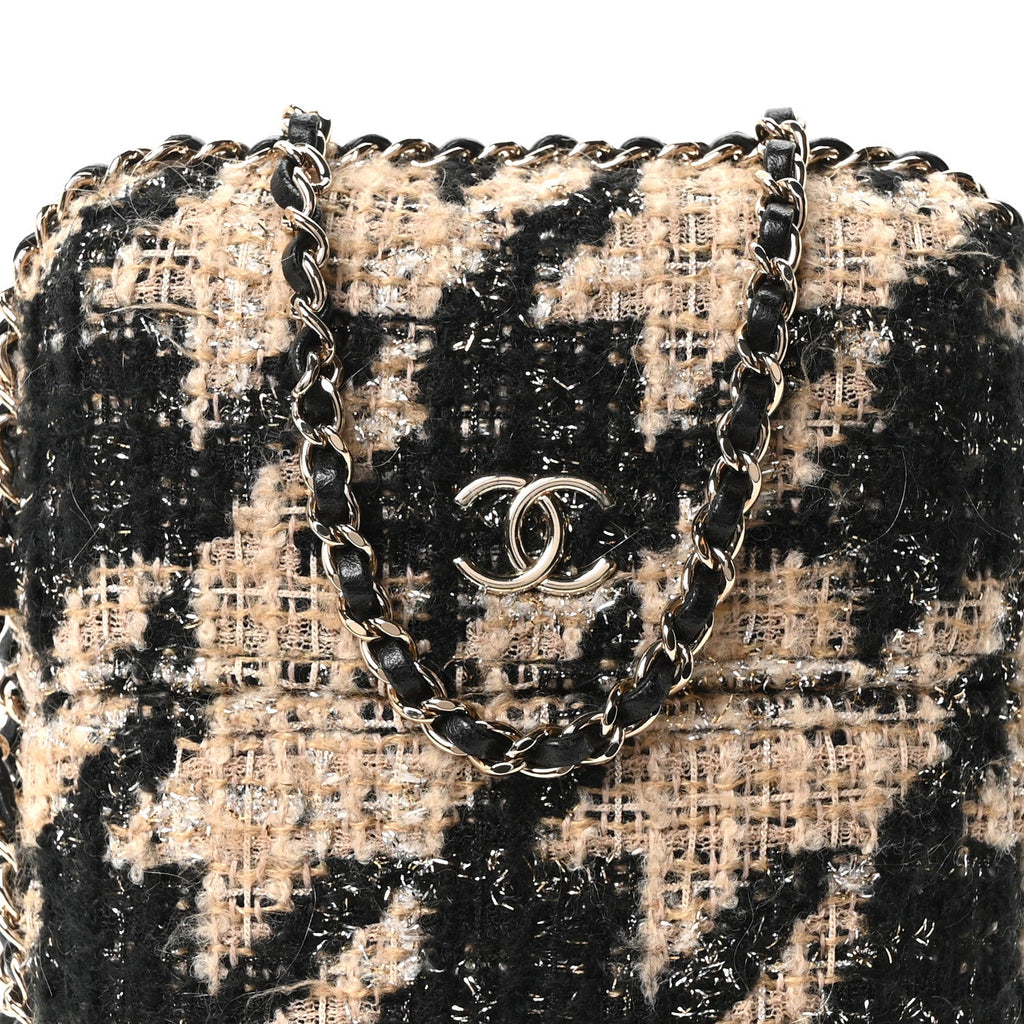 Tweed Chain Around Phone Holder Beige Black