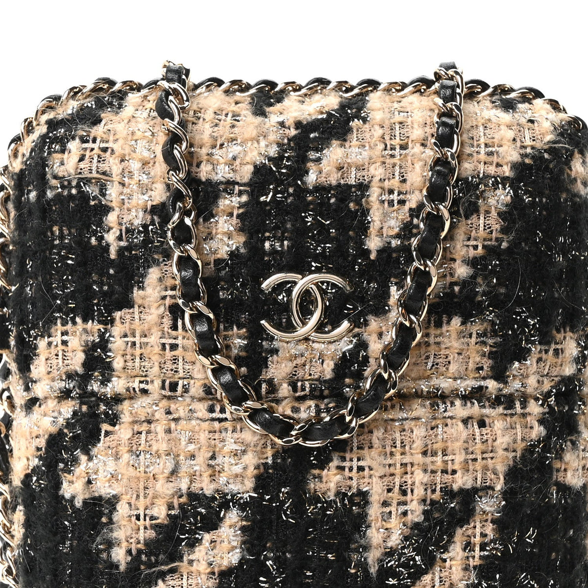 Tweed Chain Around Phone Holder Beige Black