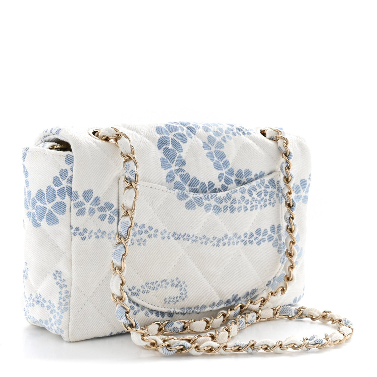 Printed Denim Coco Beach Quilted Small Single Flap Light Blue White