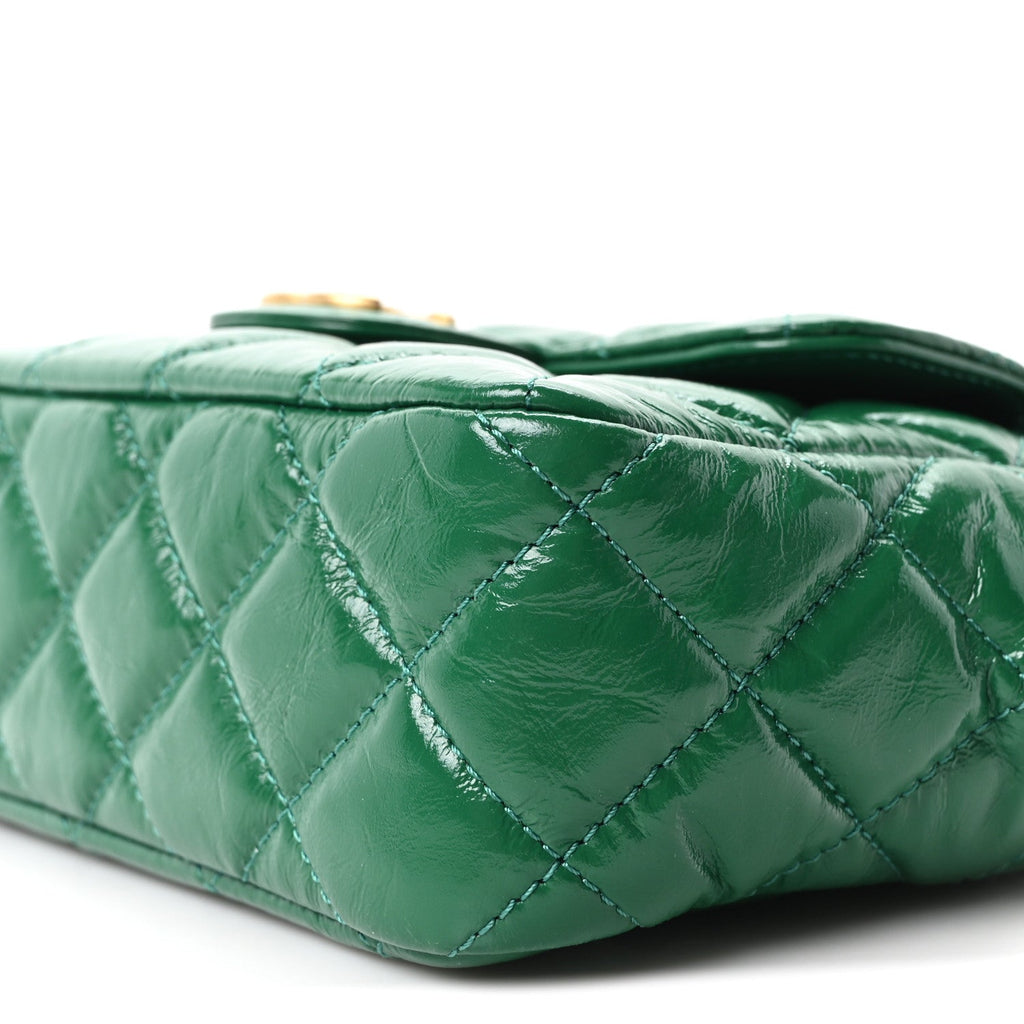 Shiny Crumpled Calfskin Quilted Small Wavy CC Hobo Green