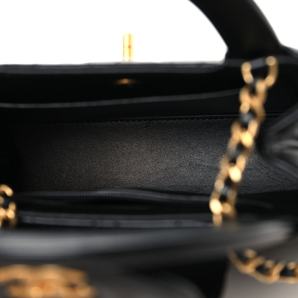Shiny Aged Calfskin Quilted Nano Kelly Shopper Black