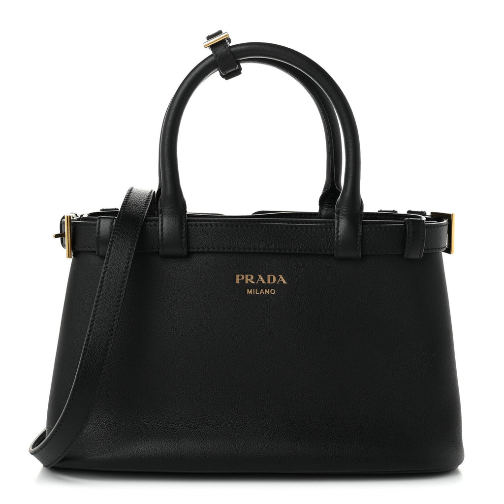 Soft Grain Calfskin Small Double Belt Tote Black