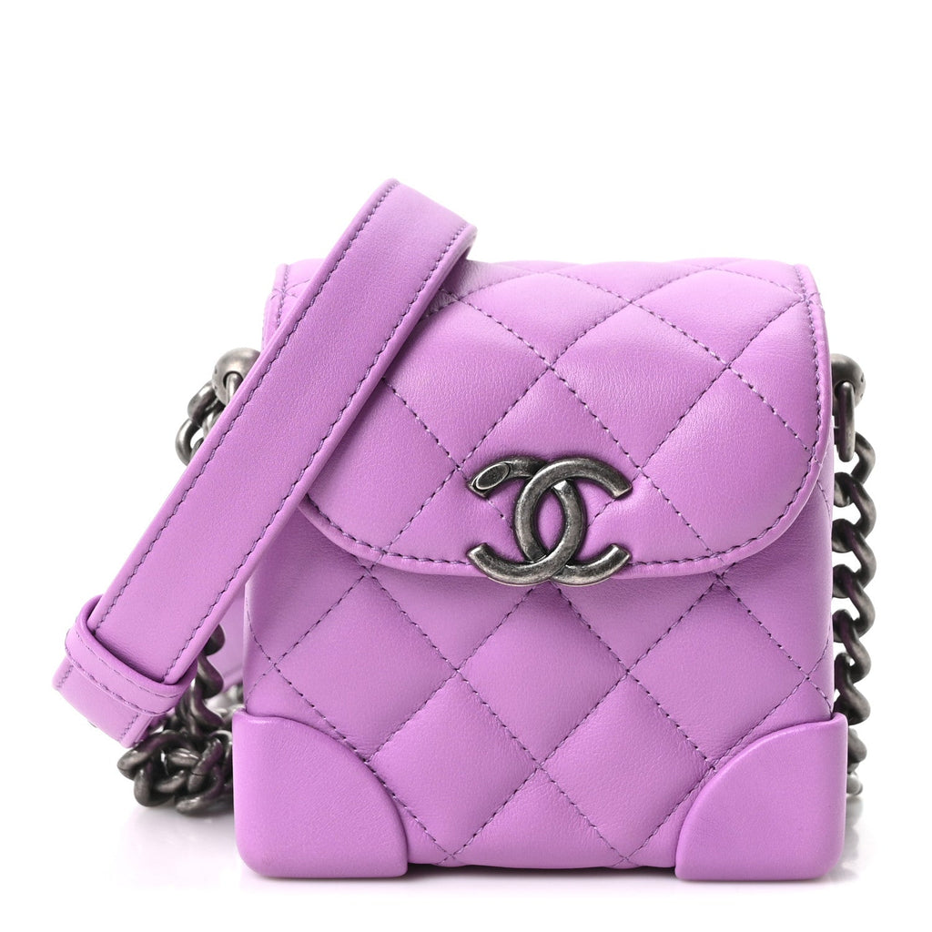 Lambskin Quilted Mini Box Bag Purple