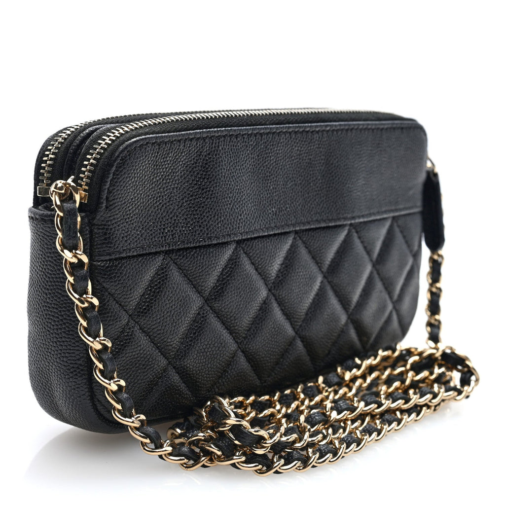 Caviar Quilted Zipped Phone Holder With Chain Black