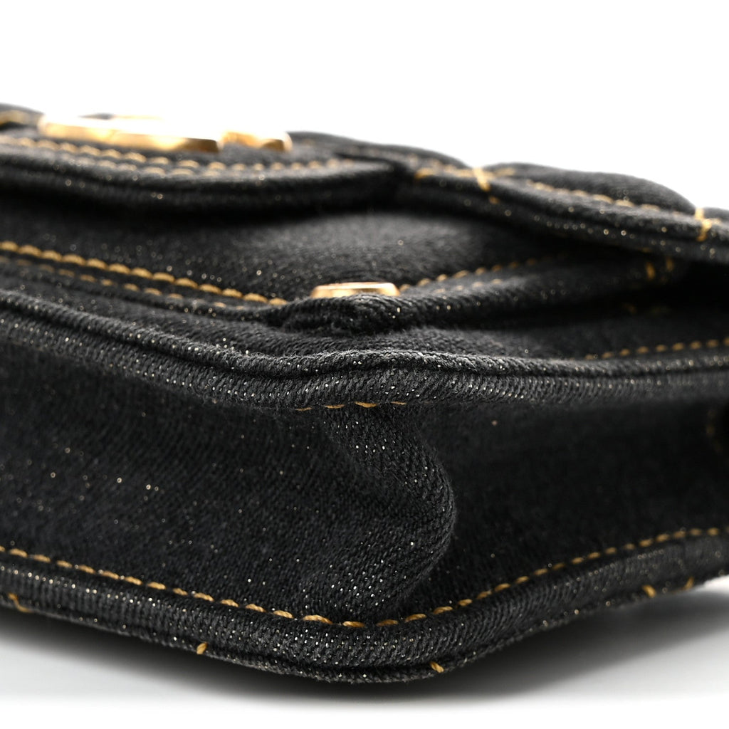 Denim Quilted Double You Card Holder On Chain Black Golden