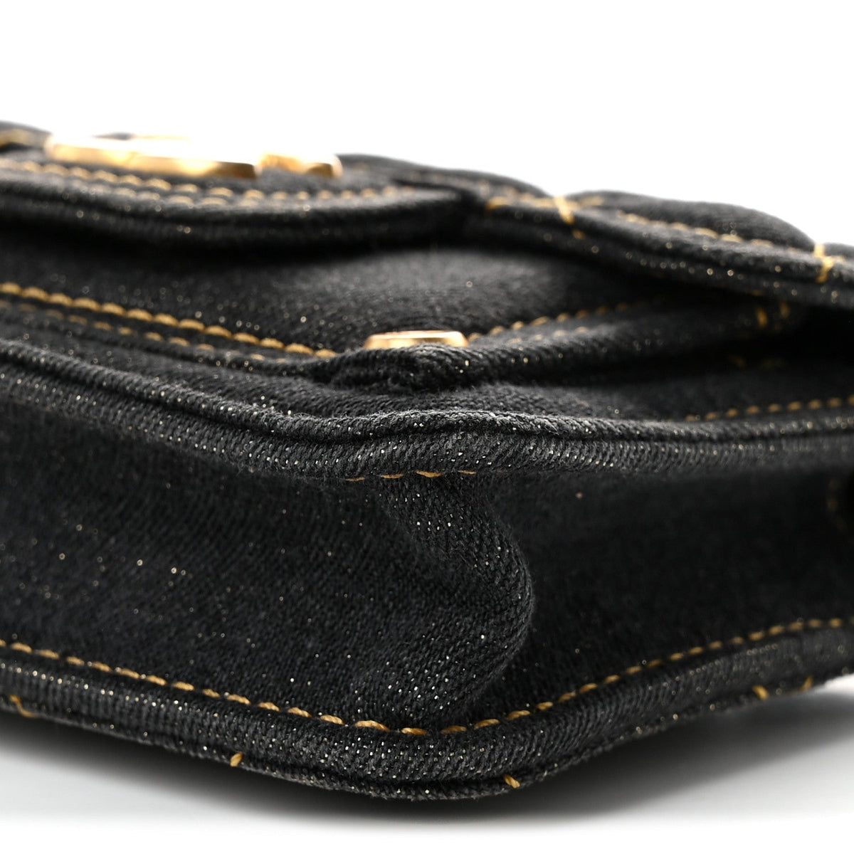 Denim Quilted Double You Card Holder On Chain Black Golden
