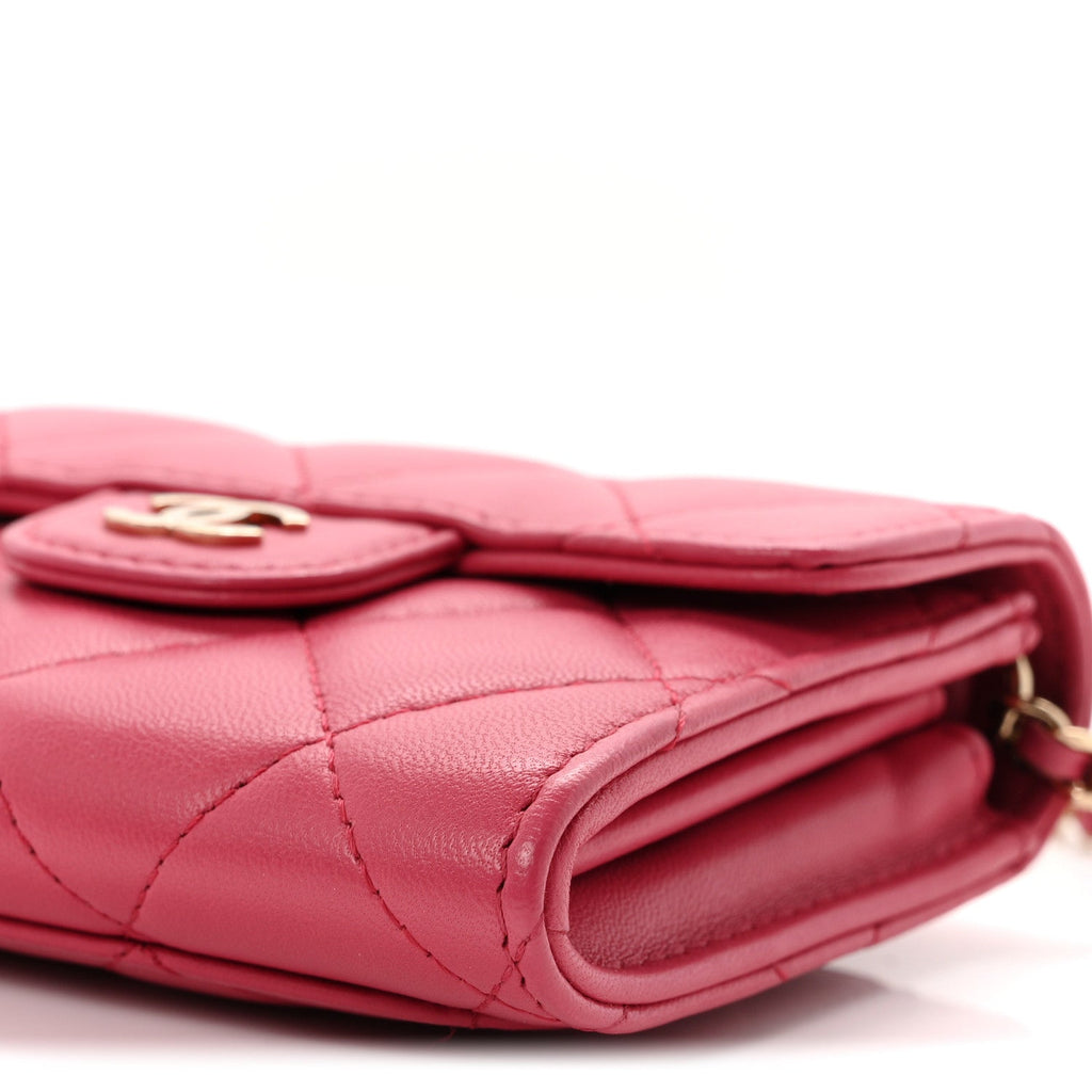 Lambskin Quilted Flap Card Holder On Chain Pink
