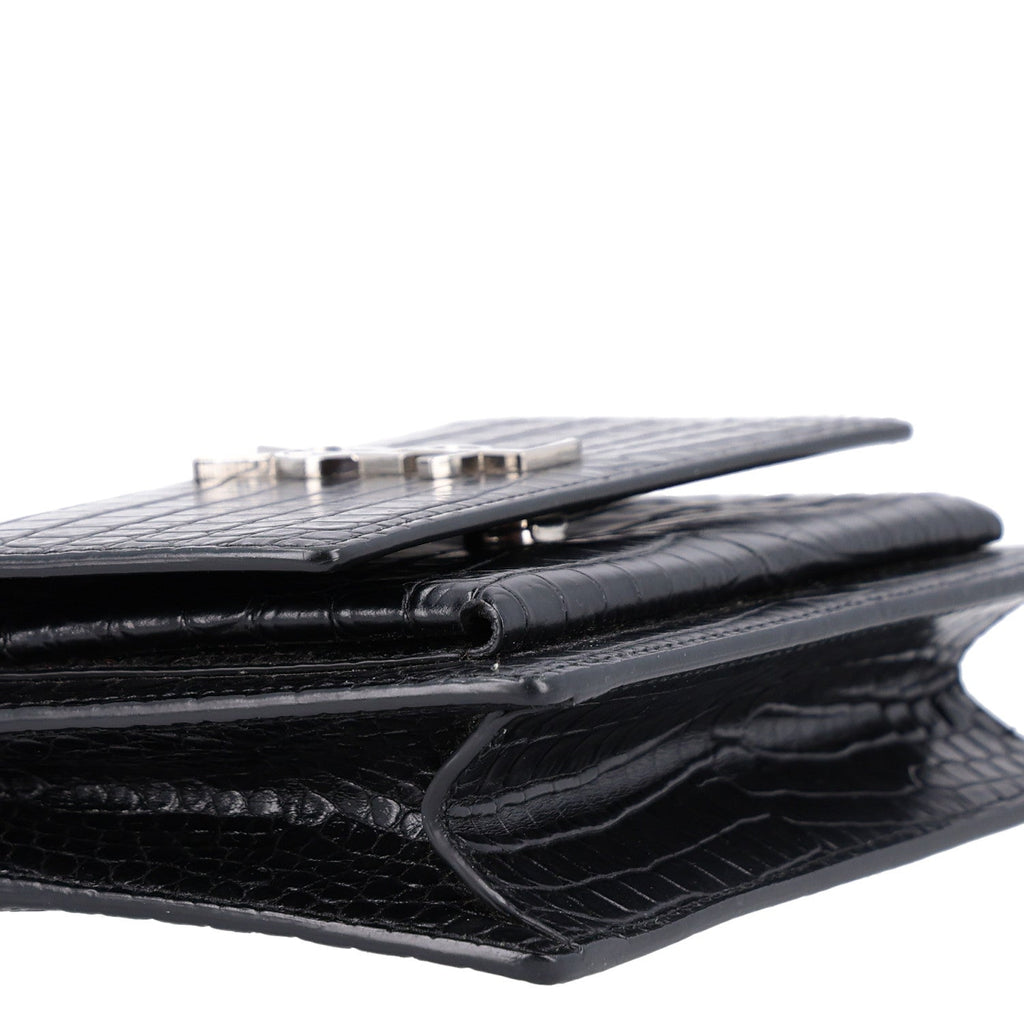 Calfskin Crocodile Embossed Monogram Sunset Chain Wallet Black