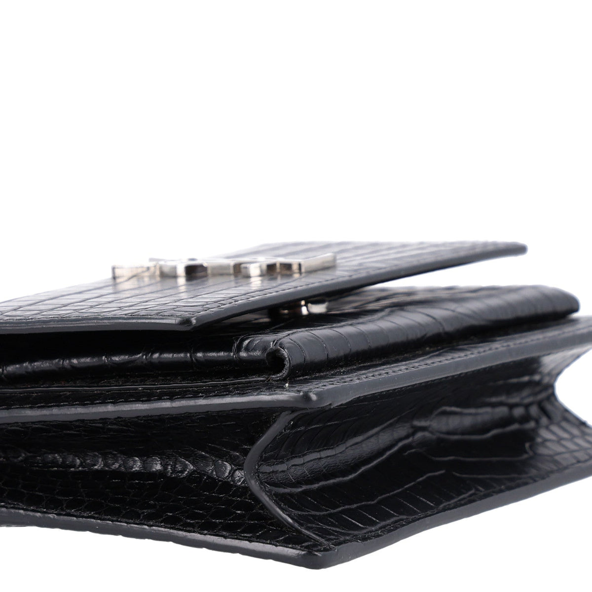 Calfskin Crocodile Embossed Monogram Sunset Chain Wallet Black
