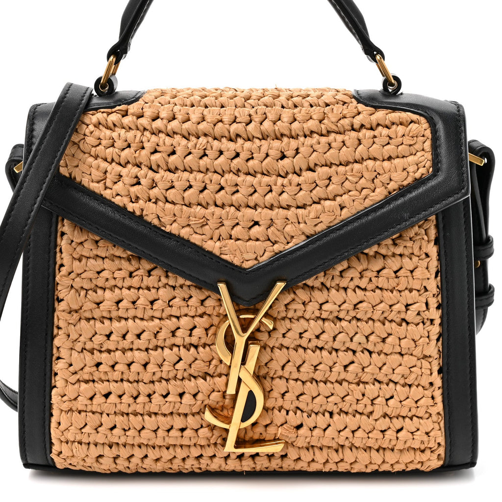 Raffia Calfskin Mini Classic Monogram Cassandra Top Handle Black Natural