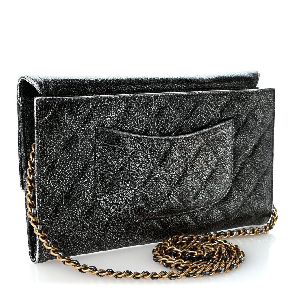 Cracked Metallic Calfskin Quilted Zip Away Chain Clutch Dark Silver