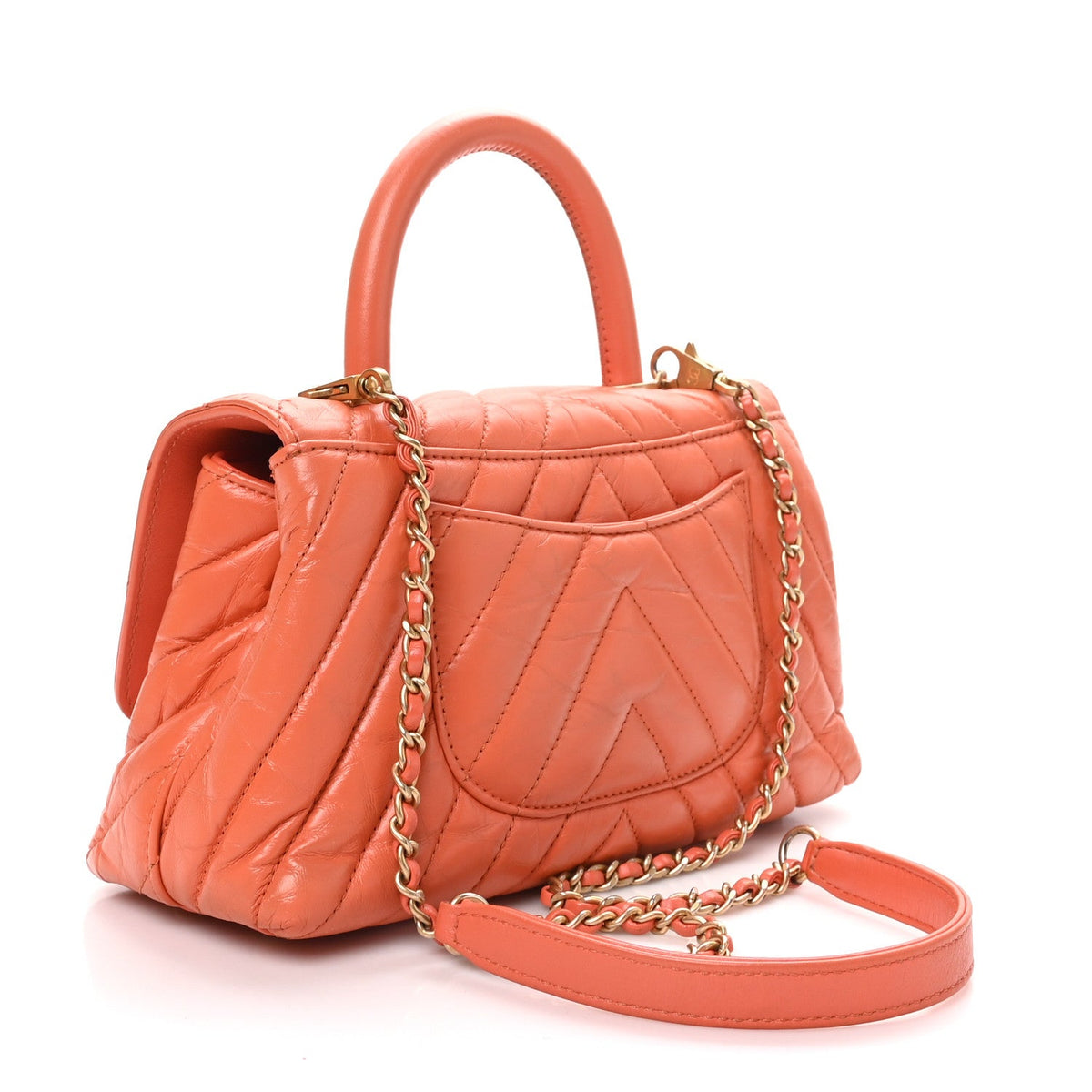 Aged Calfskin Chevron Quilted Mini Coco Handle Flap Orange
