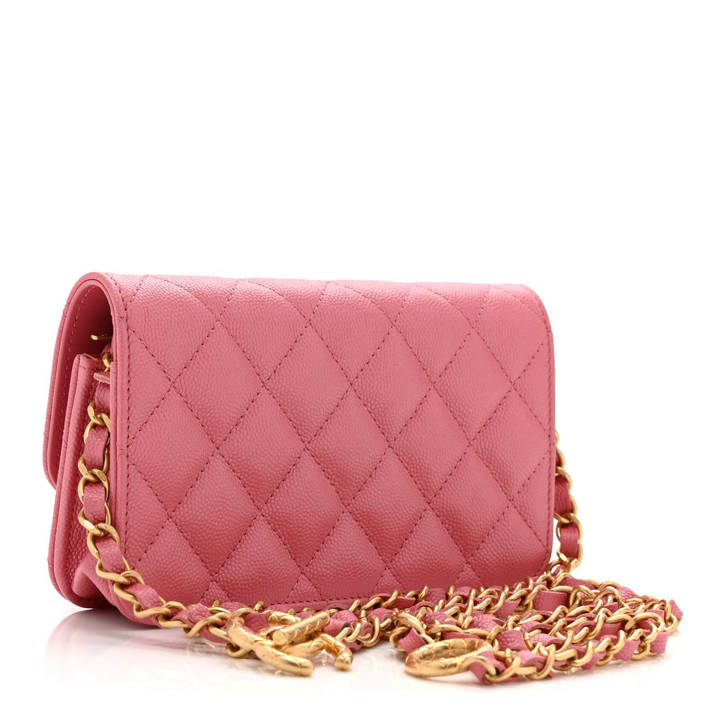 Caviar Quilted Dynasty Flap Phone Holder With Chain Pink