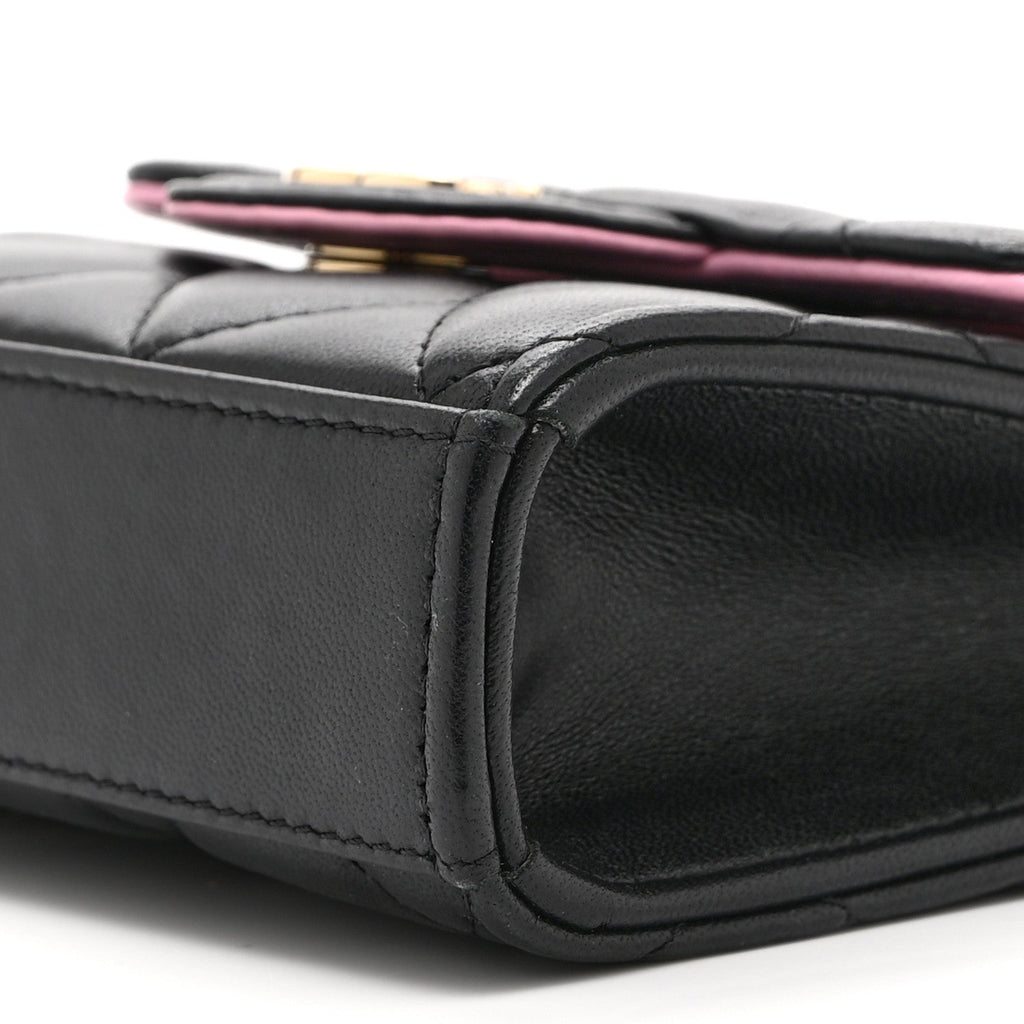 Lambskin Quilted Bi-Color Top Handle Clutch With Chain Black Pink