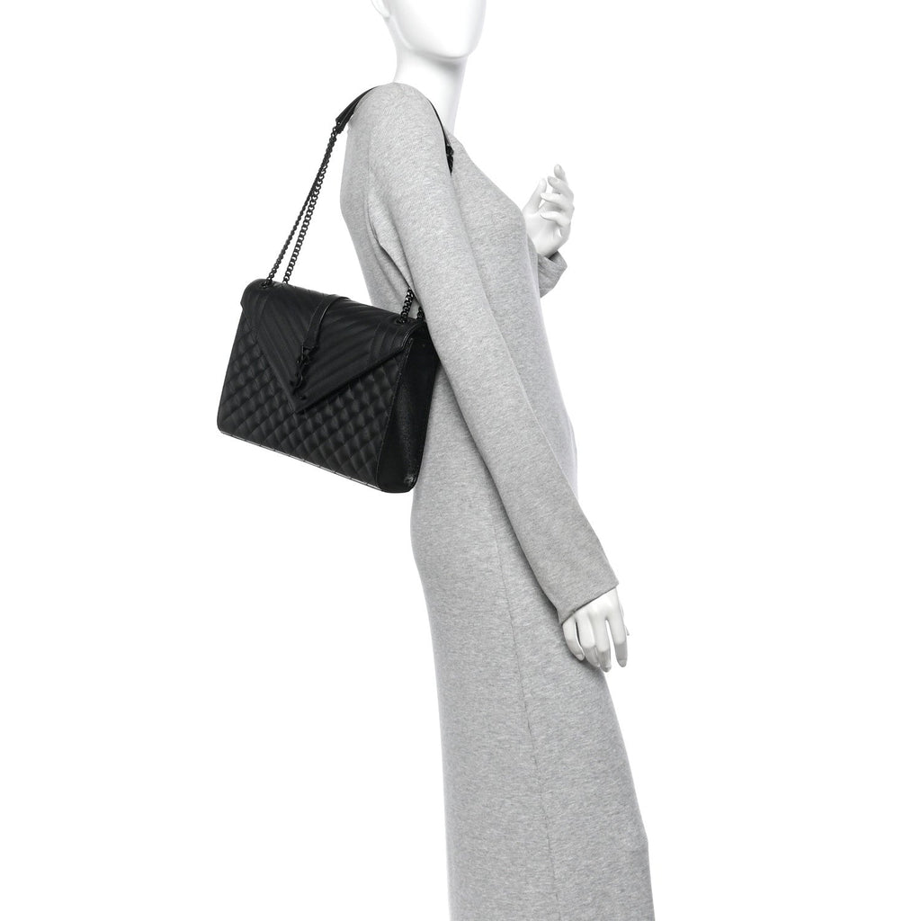 Grain De Poudre Textured Mixed Matelasse Large Triquilt Monogram Monochrome Satchel Black