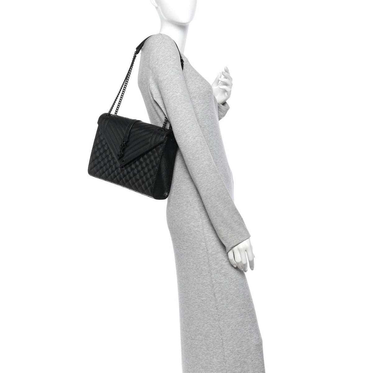 Grain De Poudre Textured Mixed Matelasse Large Triquilt Monogram Monochrome Satchel Black