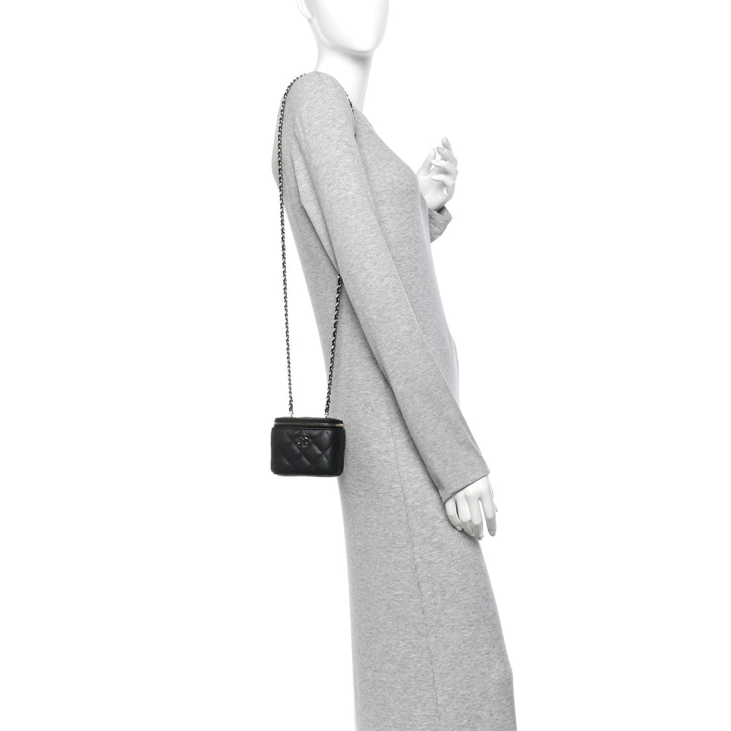 Caviar Quilted Mini Vanity Case With Chain Black