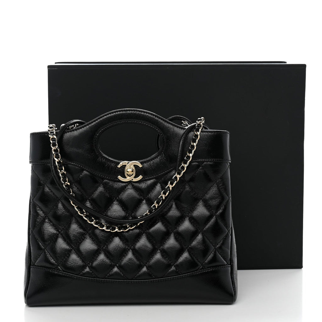Shiny Crumpled Calfskin Quilted Mini 31 Shopping Bag Black