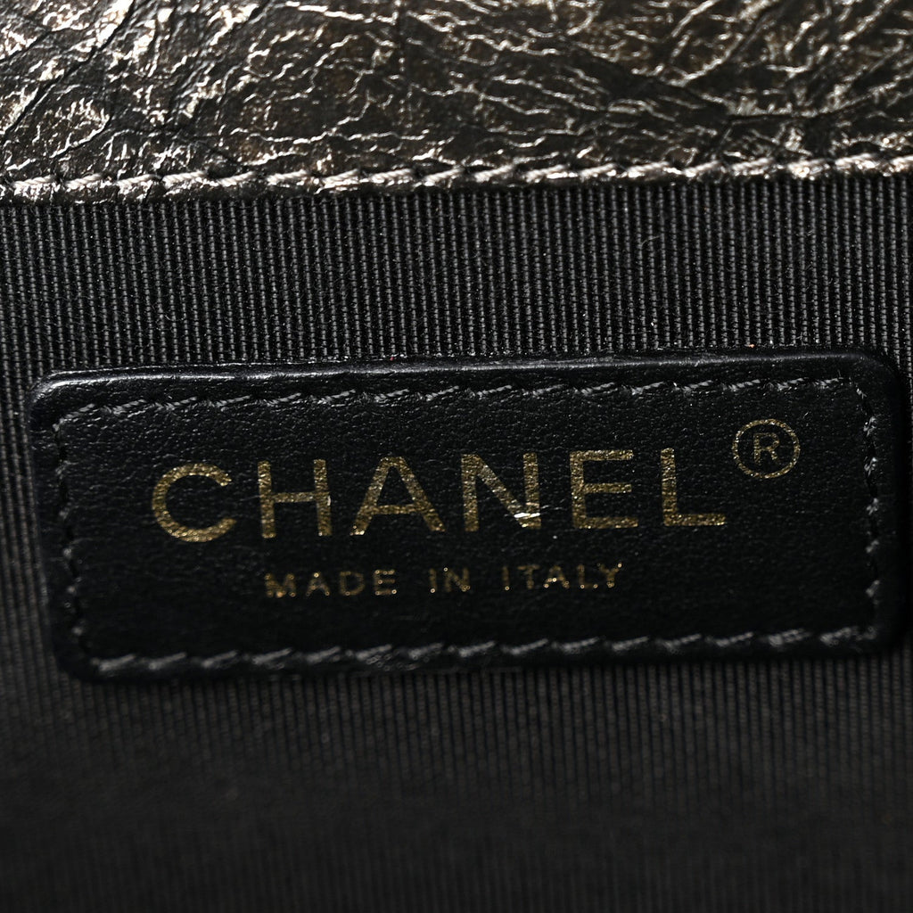 Cracked Metallic Calfskin Quilted Zip Away Chain Clutch Dark Silver