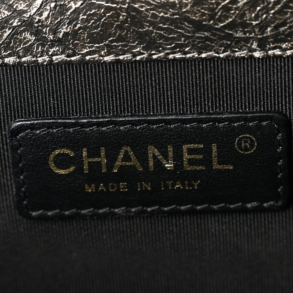 Cracked Metallic Calfskin Quilted Zip Away Chain Clutch Dark Silver