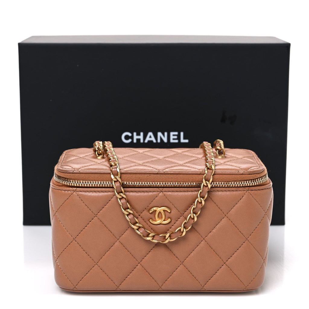 Lambskin Quilted Pearl Crush Small Vanity Case With Chain Brown