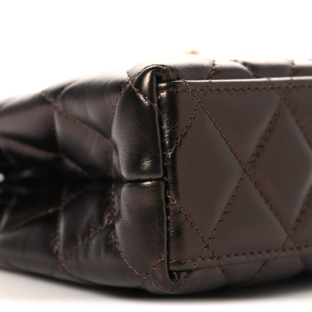 Metallic Aged Calfskin Quilted Nano Kelly Shopper Dark Brown
