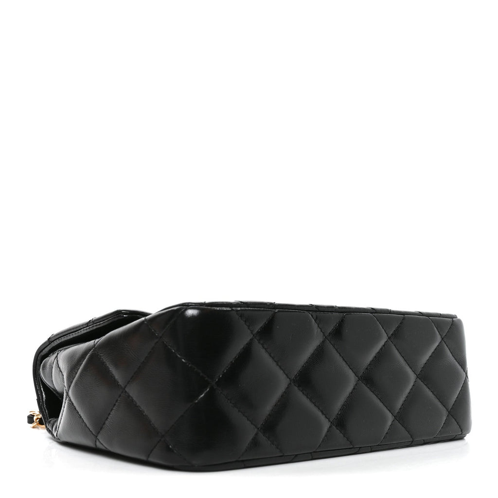 Shiny Lambskin Quilted Twisted Links Top Handle Flap Black