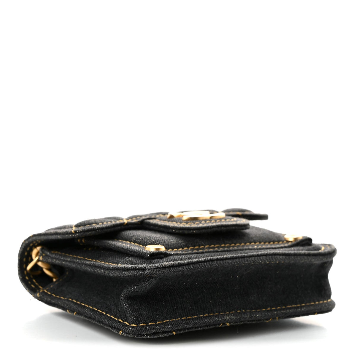 Denim Quilted Double You Card Holder On Chain Black Golden