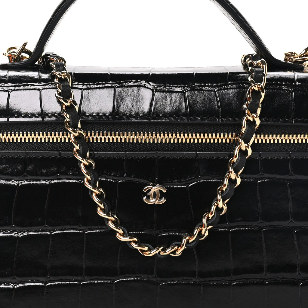 Calfskin Crocodile Embossed Crococo Exoticoco Vanity With Chain Black